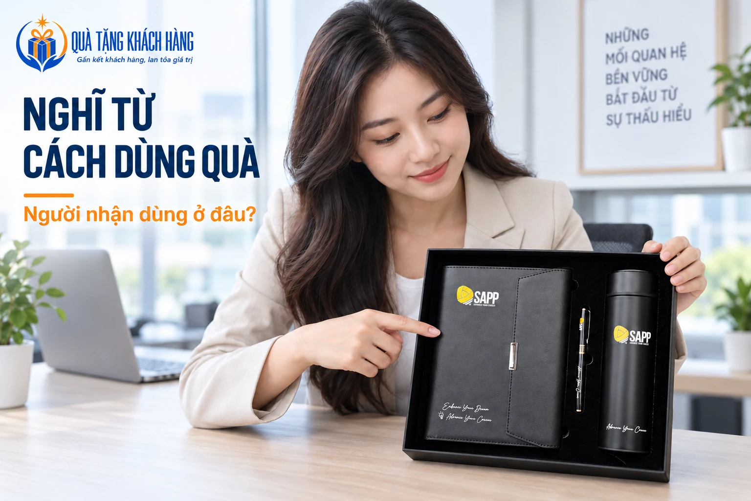 Một người tại bàn làm việc xem bộ sổ, bút và bình đen in SAPP trong hộp.
