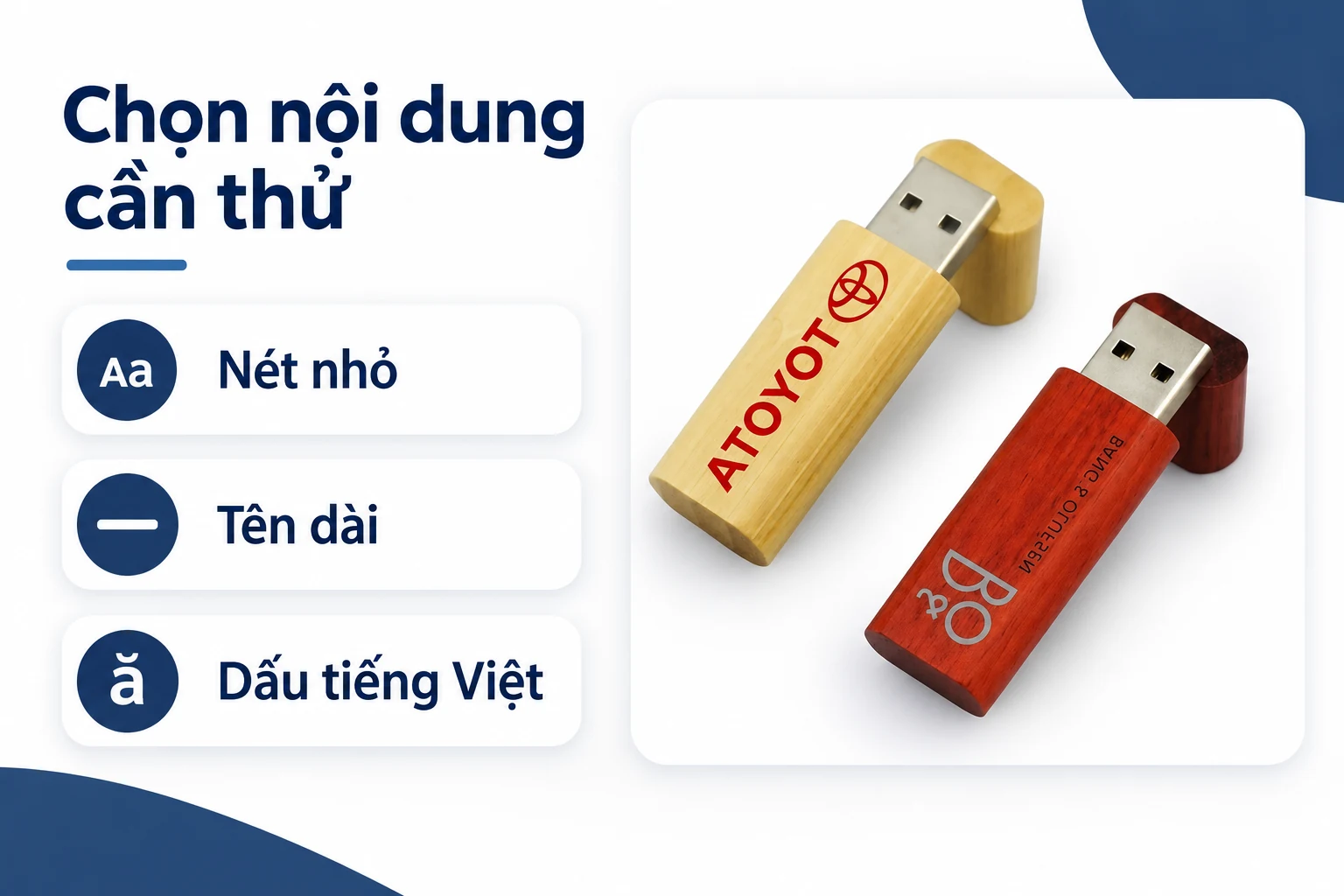 Thẻ Nét nhỏ, Tên dài và Dấu tiếng Việt cạnh tư liệu hai USB gỗ có nhận diện.