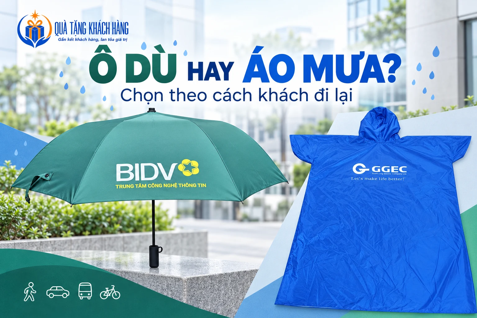 Banner Ô dù hay áo mưa, ô xanh có logo BIDV và áo xanh có logo GGEC.