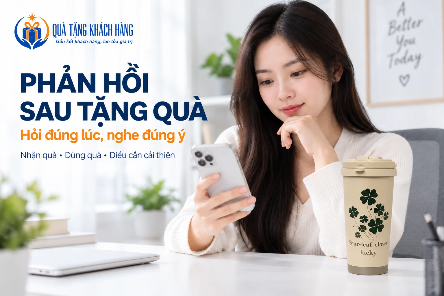 Người nhận xem điện thoại bên cạnh cốc màu kem in cỏ bốn lá.