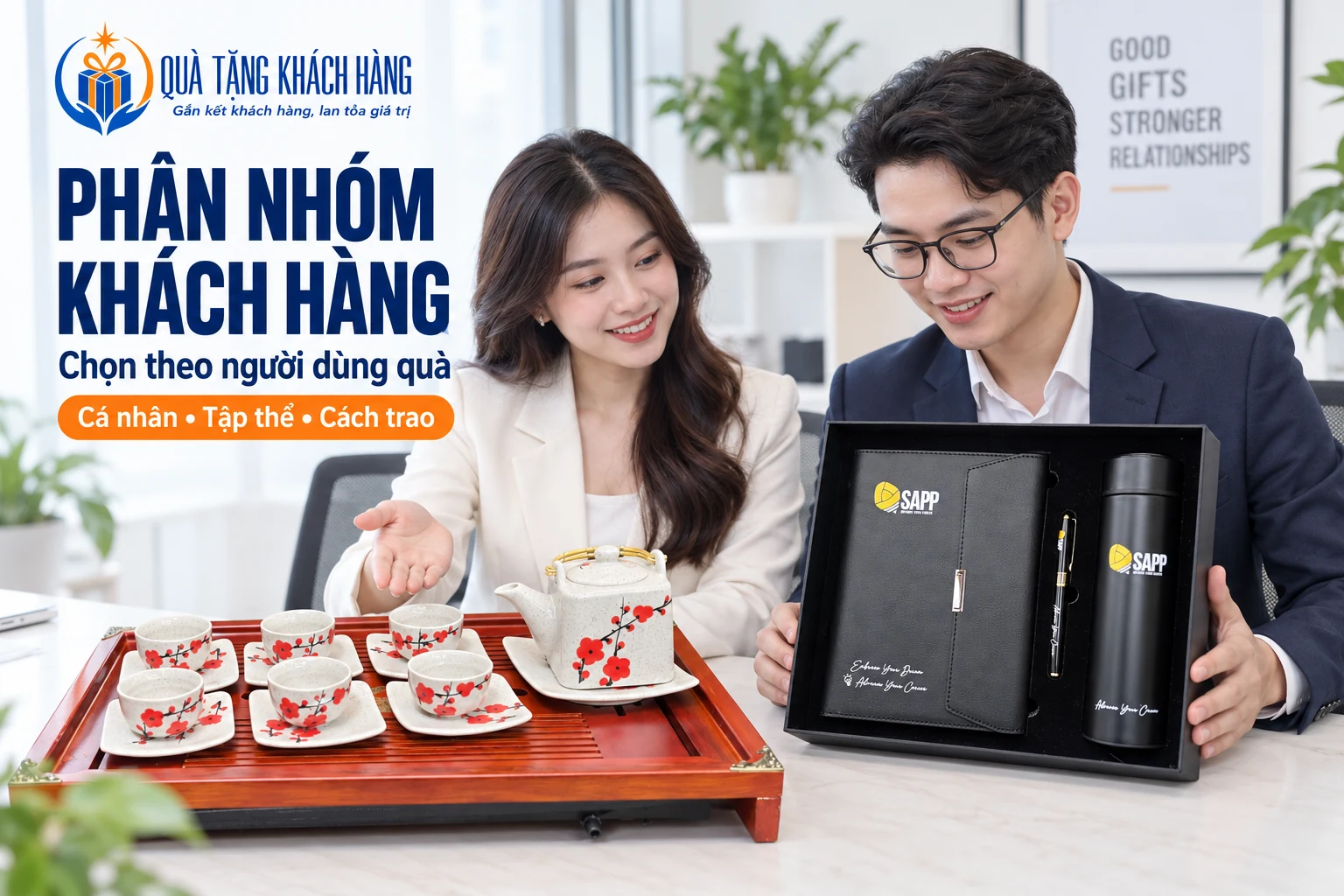 Hai người xem bộ quà sổ bút bình cá nhân và bộ trà dùng chung trong cảnh dựng