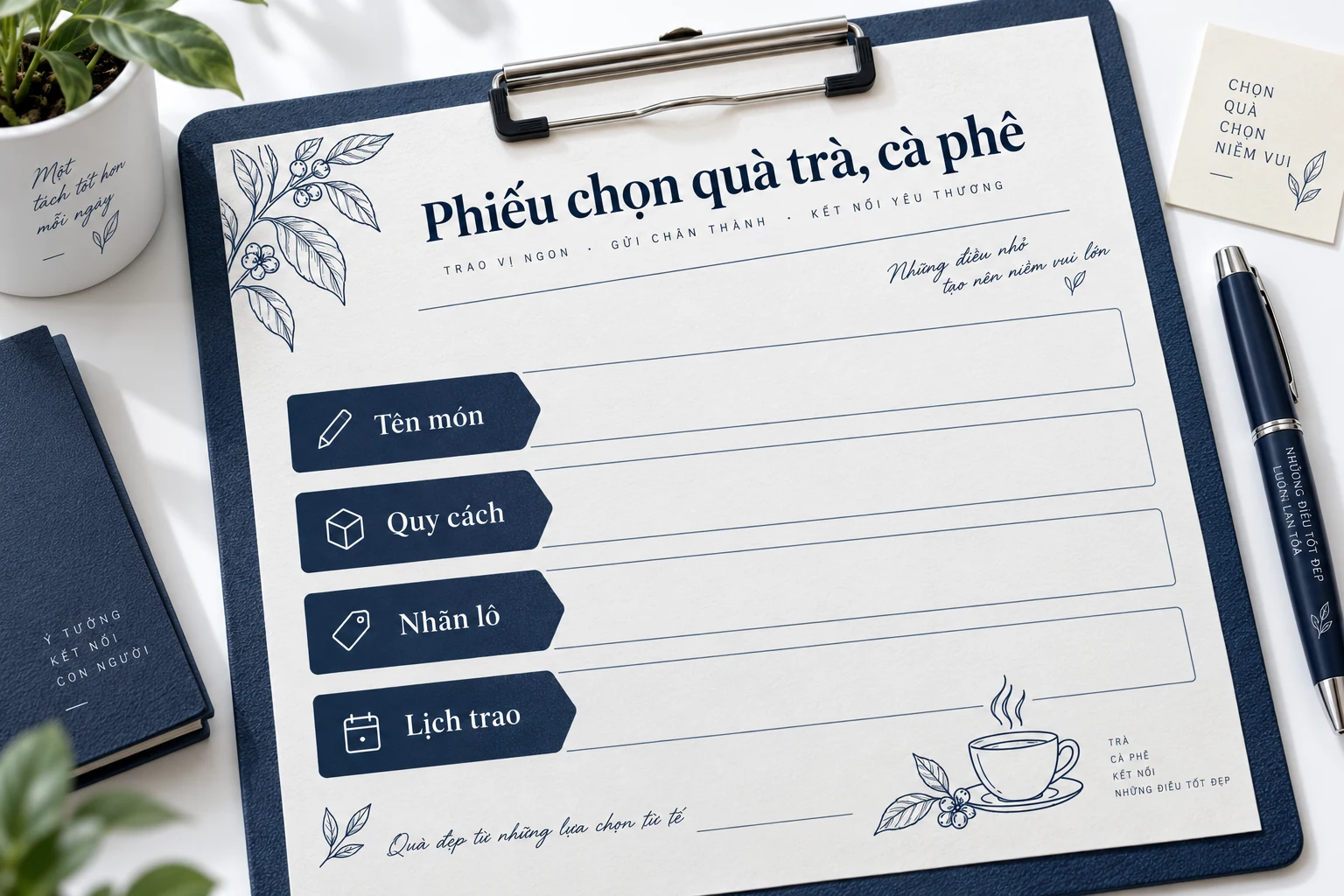 Phiếu đồ họa Tên món, Quy cách, Nhãn lô, Lịch trao để chọn quà trà, cà phê.