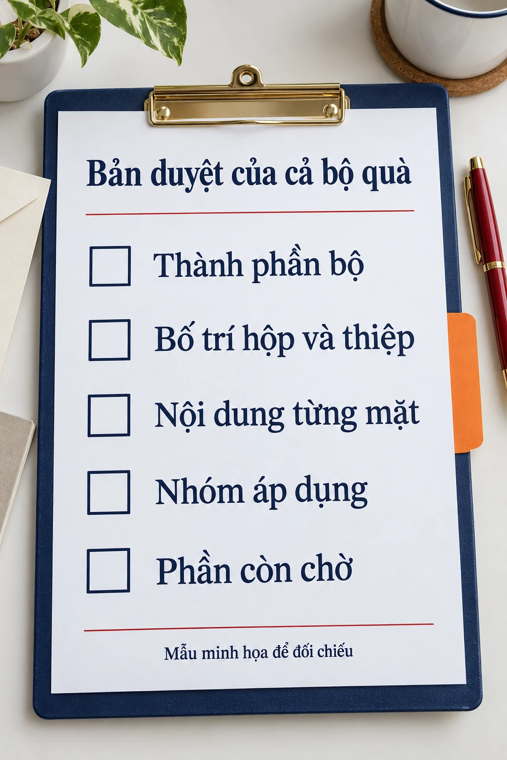 Tờ kiểm minh họa thành phần bộ, bố trí hộp và thiệp, nội dung từng mặt, nhóm áp dụng, phần còn chờ.