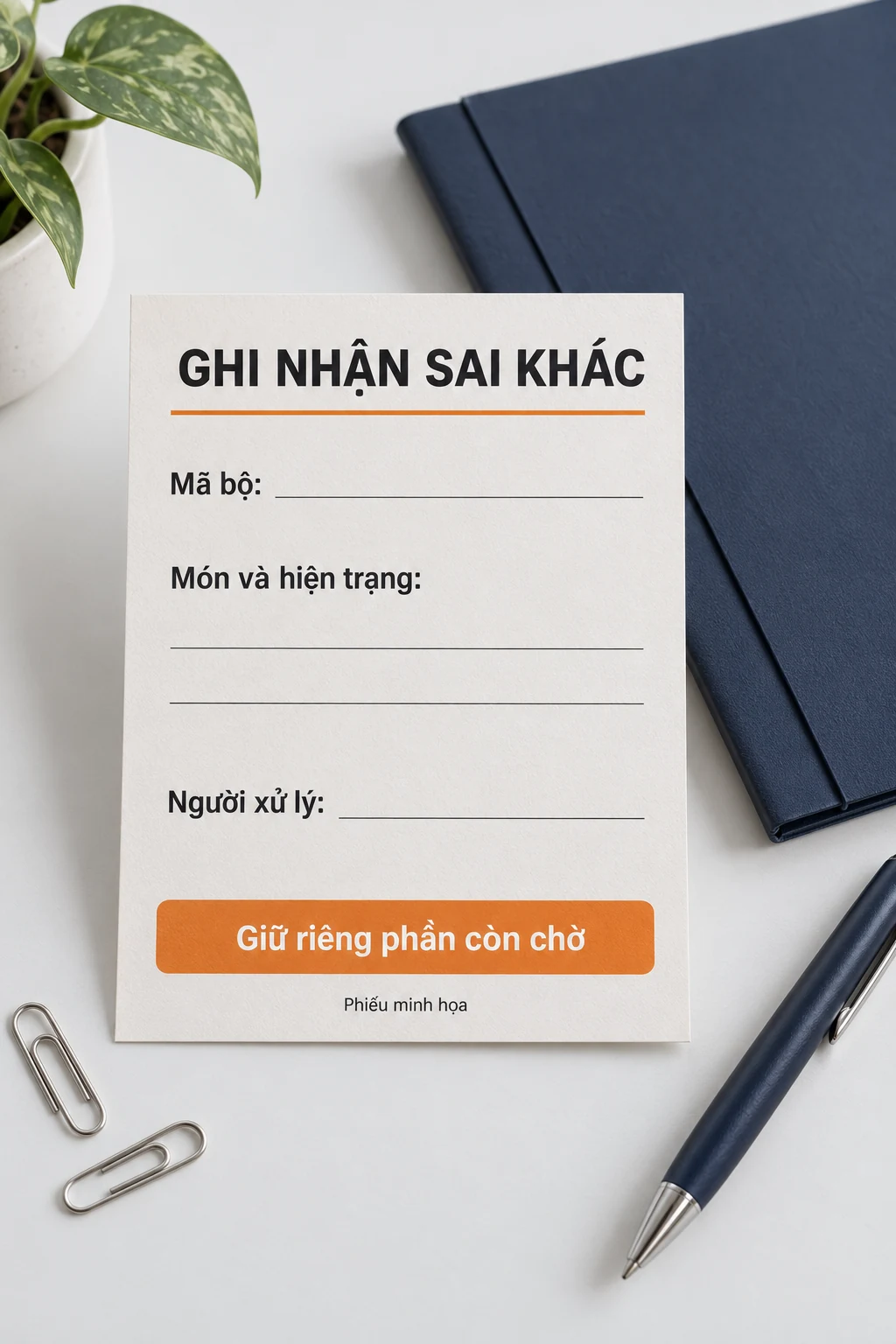 Phiếu minh họa ghi mã bộ, món và hiện trạng, người xử lý, phần còn chờ.