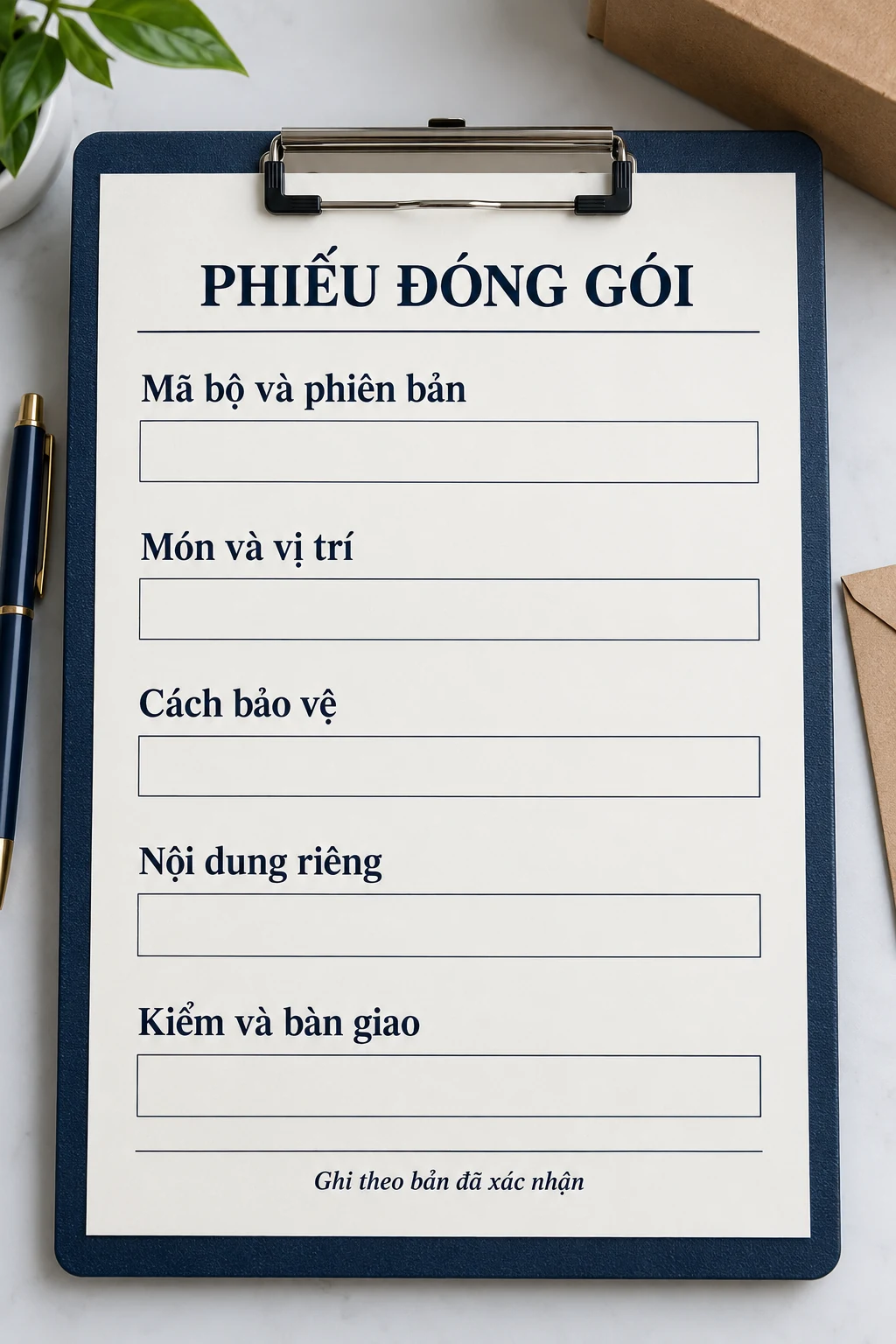 Phiếu trống minh họa mã bộ, món và vị trí, cách bảo vệ, nội dung riêng, kiểm và bàn giao.