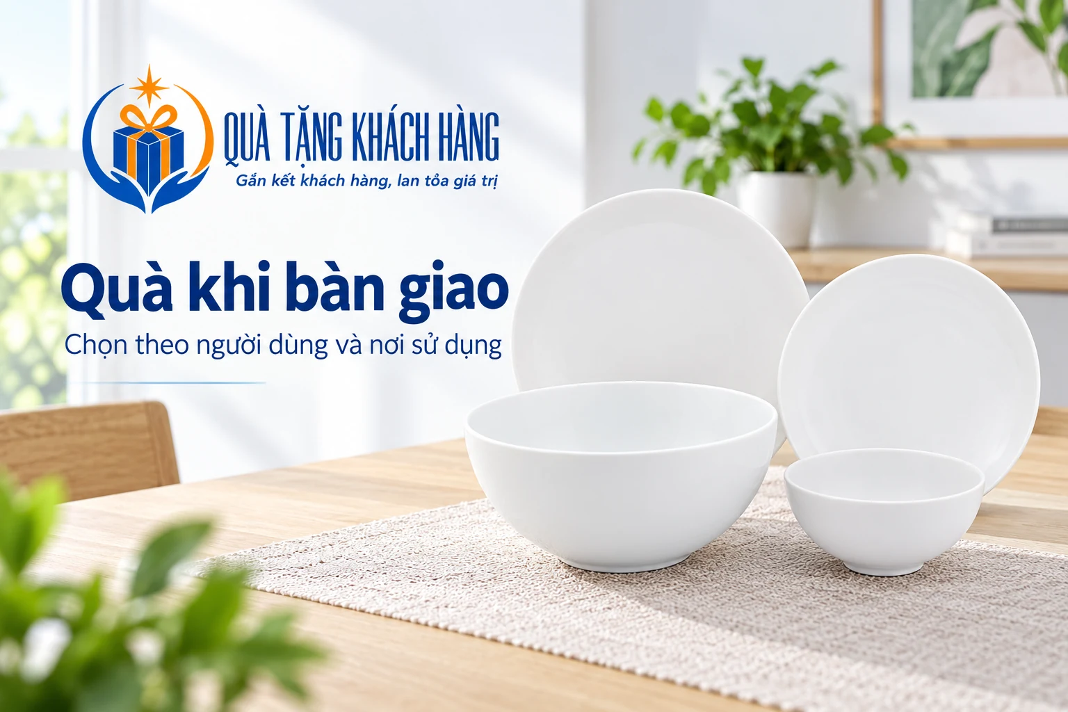 Bốn món đồ sứ trắng từ mẫu nguồn trong góc bàn ăn, tiêu đề Quà khi bàn giao.