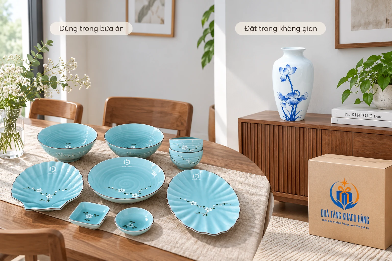 Bát đĩa xanh trên bàn ăn và lọ sen trắng trên tủ trong cảnh hai tình huống, có hộp demo thương hiệu.