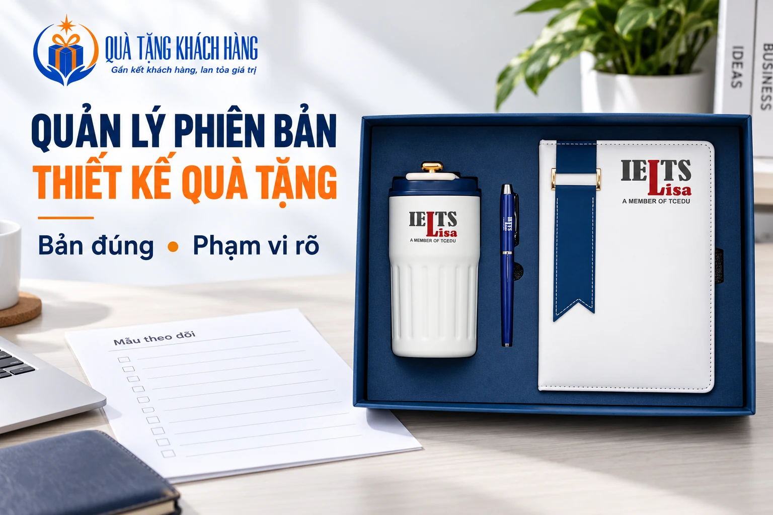 Banner quản lý phiên bản thiết kế quà tặng với bộ sổ, bình và bút nguồn cạnh hồ sơ minh họa.