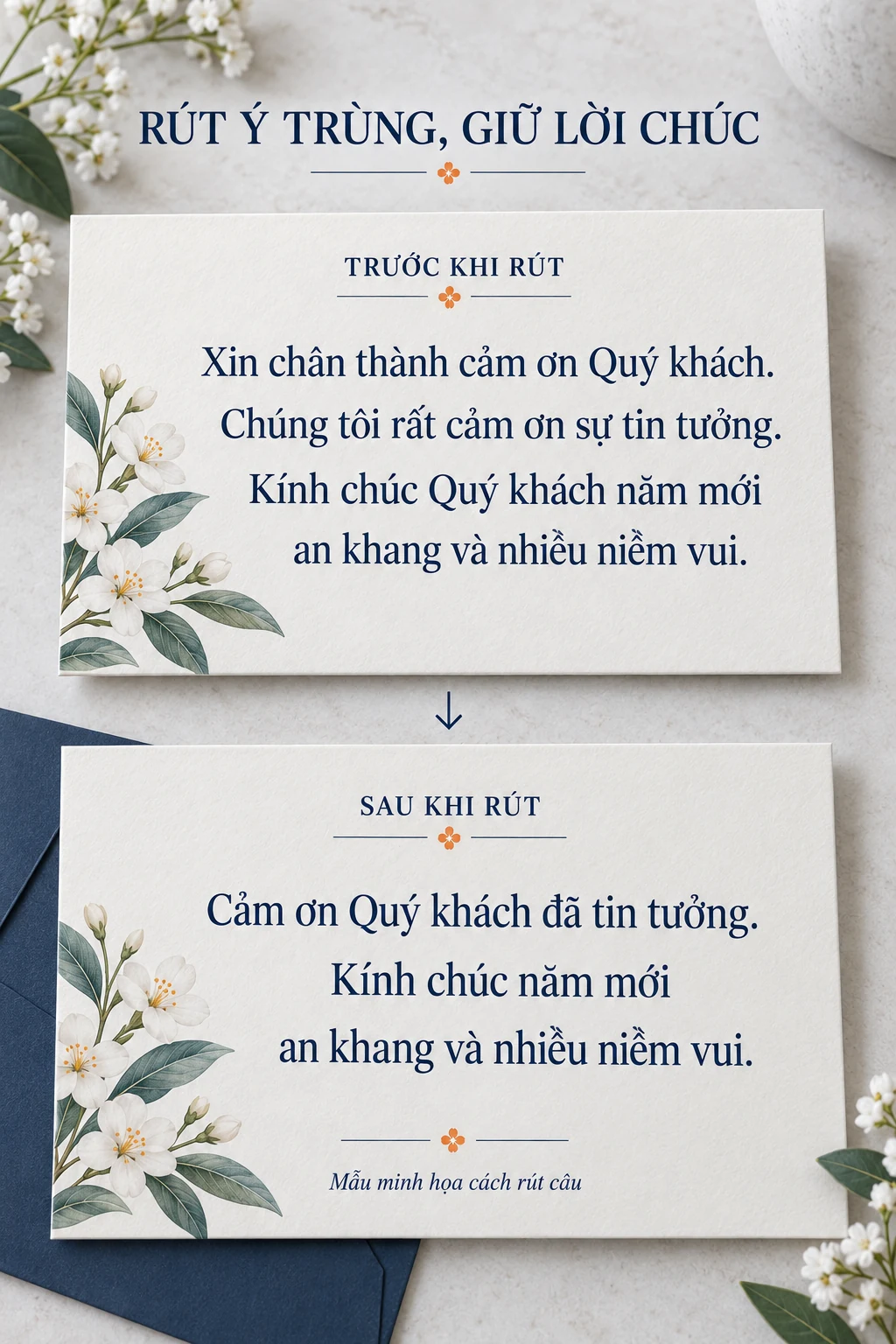 Hai thiệp minh họa trước và sau khi rút lời cảm ơn lặp, giữ lời chúc năm mới an khang và nhiều niềm vui.