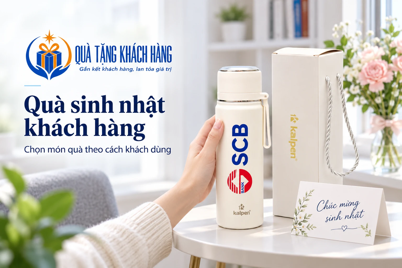 Bình trắng kem và hộp từ mẫu nguồn cạnh thiệp Chúc mừng sinh nhật, trong cảnh nhận quà tại bàn.