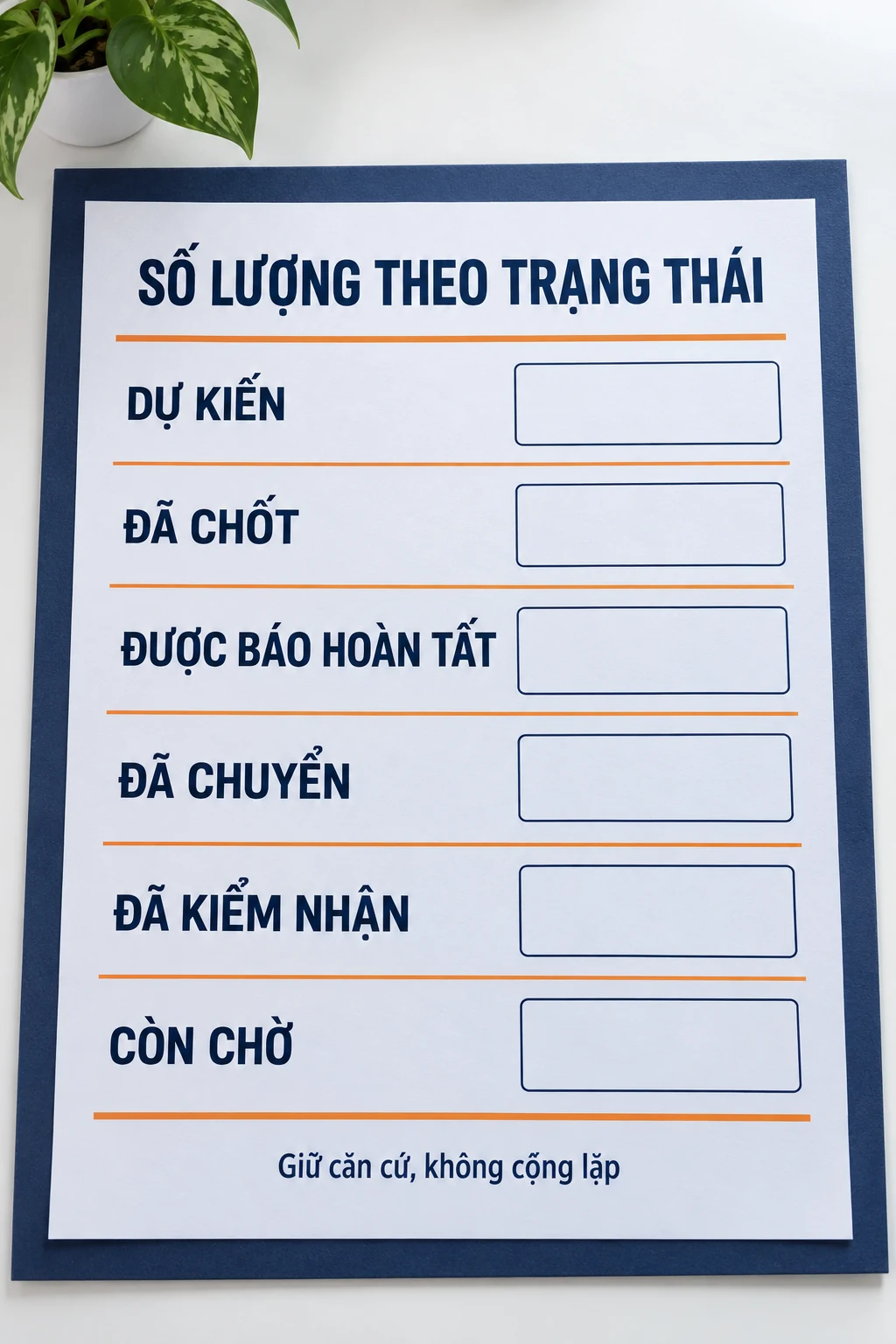 Tờ theo dõi mẫu với sáu trạng thái và ô lượng để trống, có lời nhắc không cộng lặp.