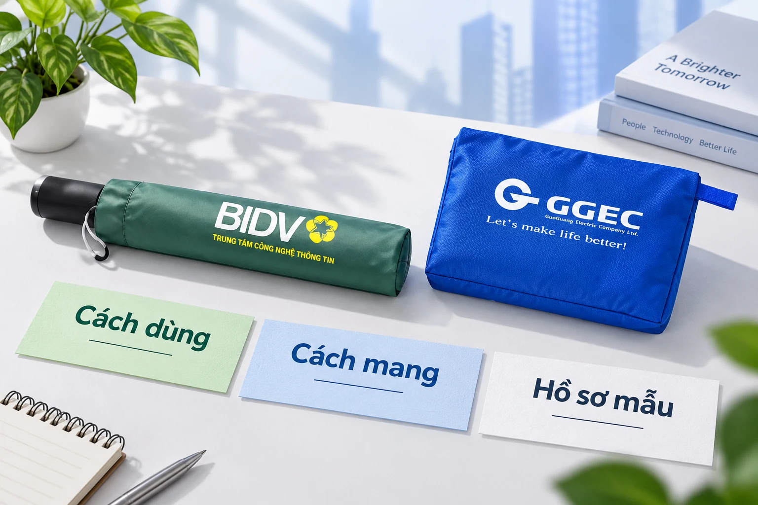 Ô xanh trong bao và túi áo xanh cạnh ba thẻ Cách dùng, Cách mang, Hồ sơ mẫu.