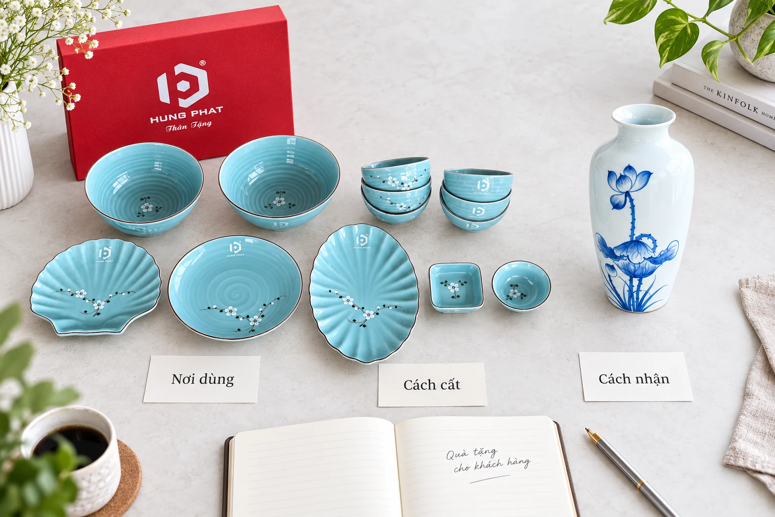 Các món bát đĩa xanh và lọ vẽ sen bày cạnh ba thẻ Nơi dùng, Cách cất, Cách nhận.