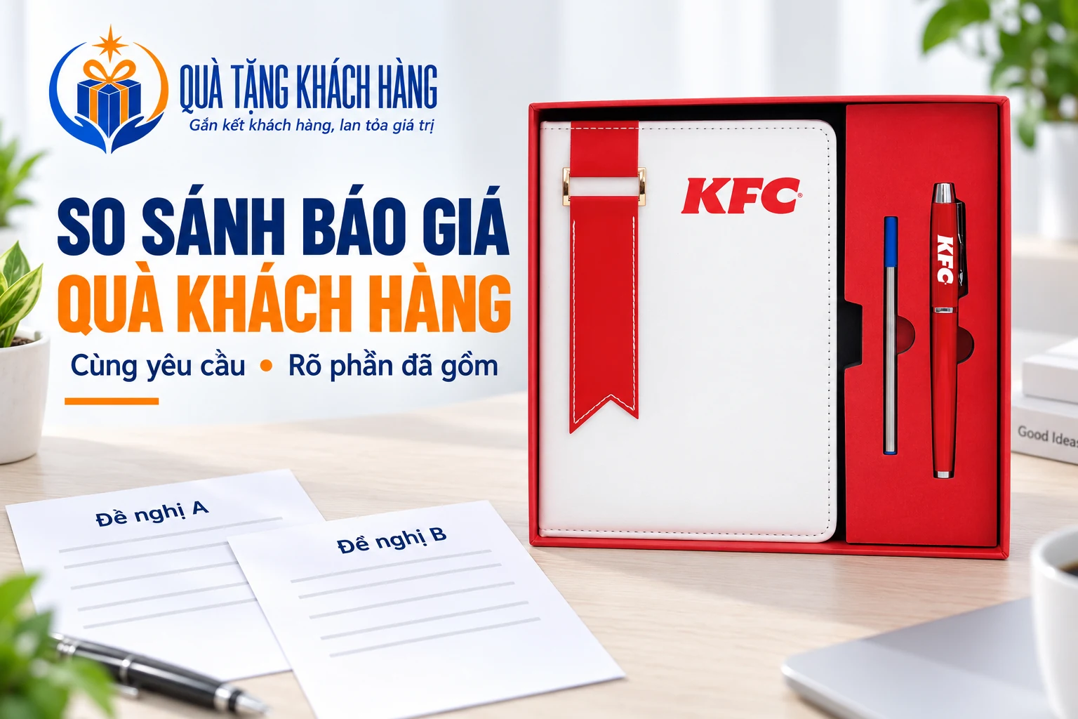 Banner so sánh báo giá quà khách hàng với bộ sổ bút đỏ từ ảnh nguồn cạnh hai tài liệu đối chiếu mẫu.