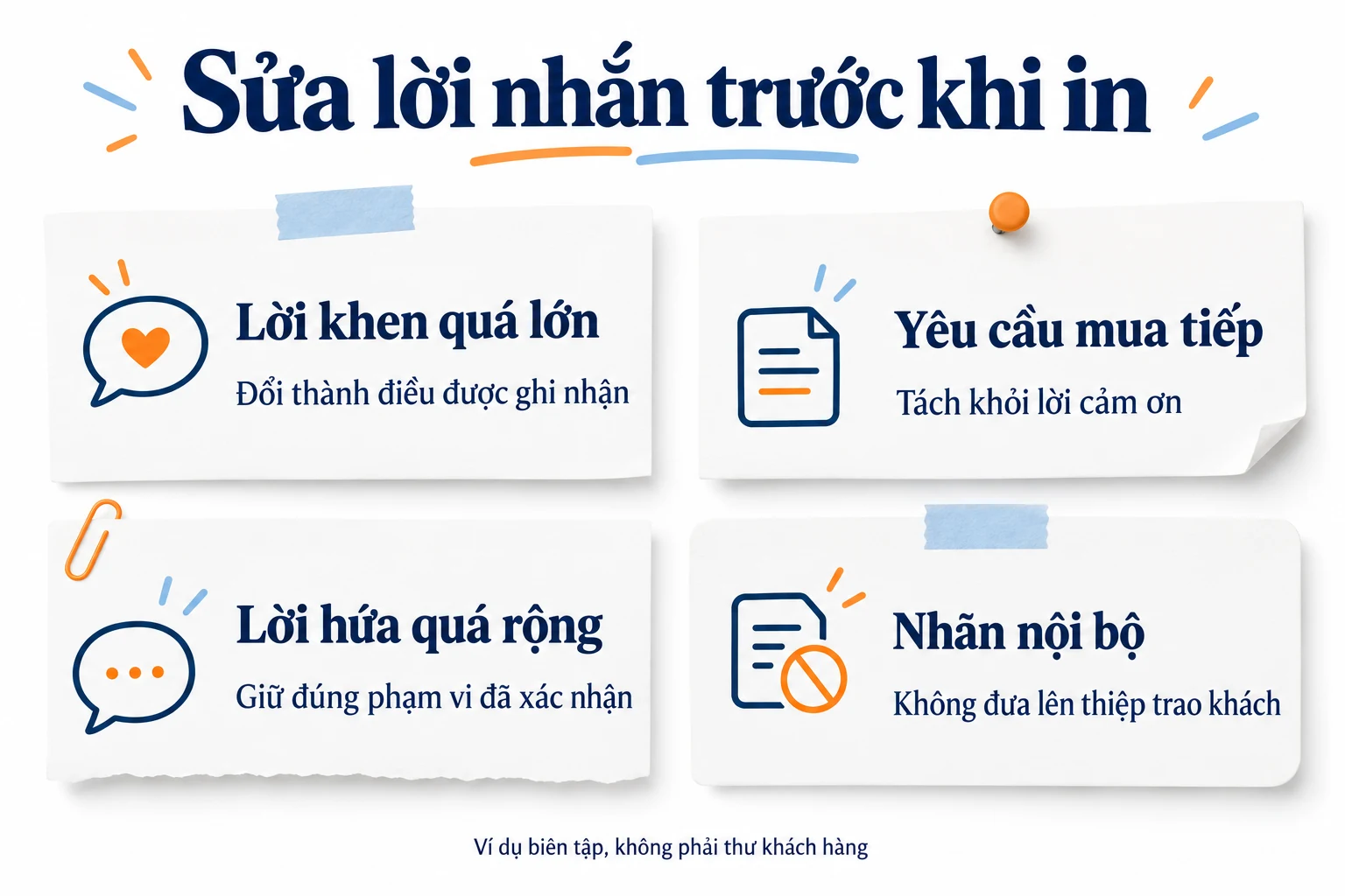 Bốn gợi ý sửa lời khen quá lớn, yêu cầu mua tiếp, lời hứa quá rộng và nhãn nội bộ.