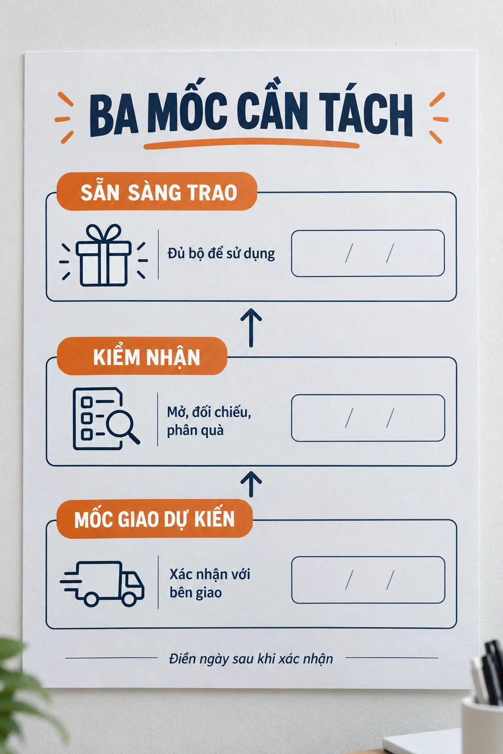 Sơ đồ dọc tách sẵn sàng trao, kiểm nhận và mốc giao dự kiến, các ô ngày để trống.