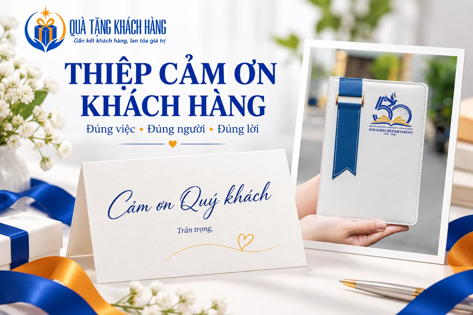 Banner Thiệp cảm ơn khách hàng cùng mẫu thiệp và tư liệu sổ trắng xanh.