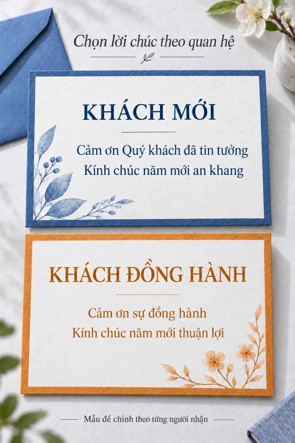 Hai thiệp mẫu cho khách mới và khách đồng hành, có lời cảm ơn và lời chúc năm mới.