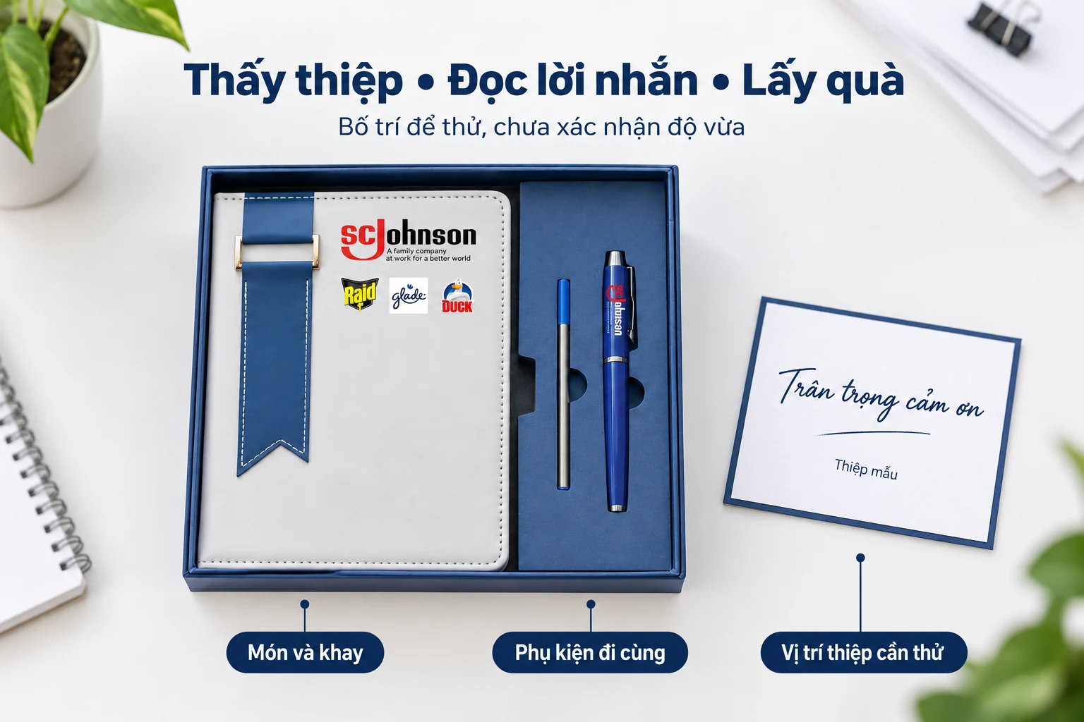 Bộ sổ bút nguồn trong khay xanh cạnh thiệp mẫu, nhãn món và khay, phụ kiện, vị trí thiệp cần thử.