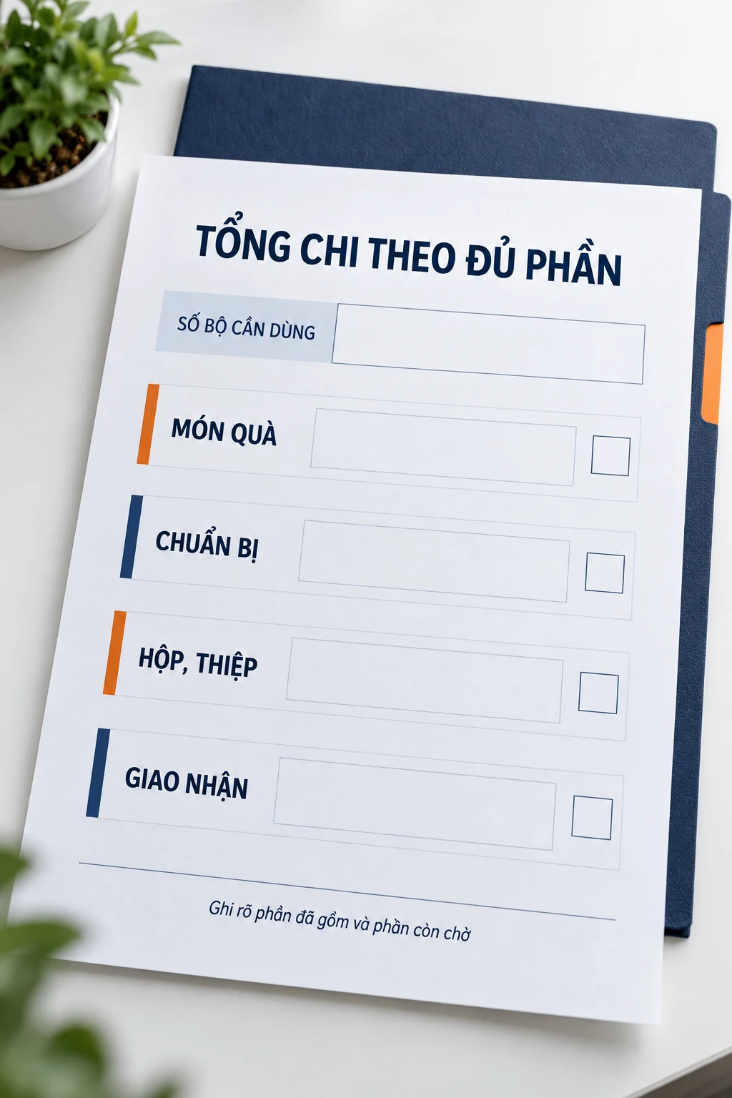 Phiếu mẫu ghi số bộ cần dùng và phạm vi món quà, chuẩn bị, hộp thiệp, giao nhận; các ô giá để trống.