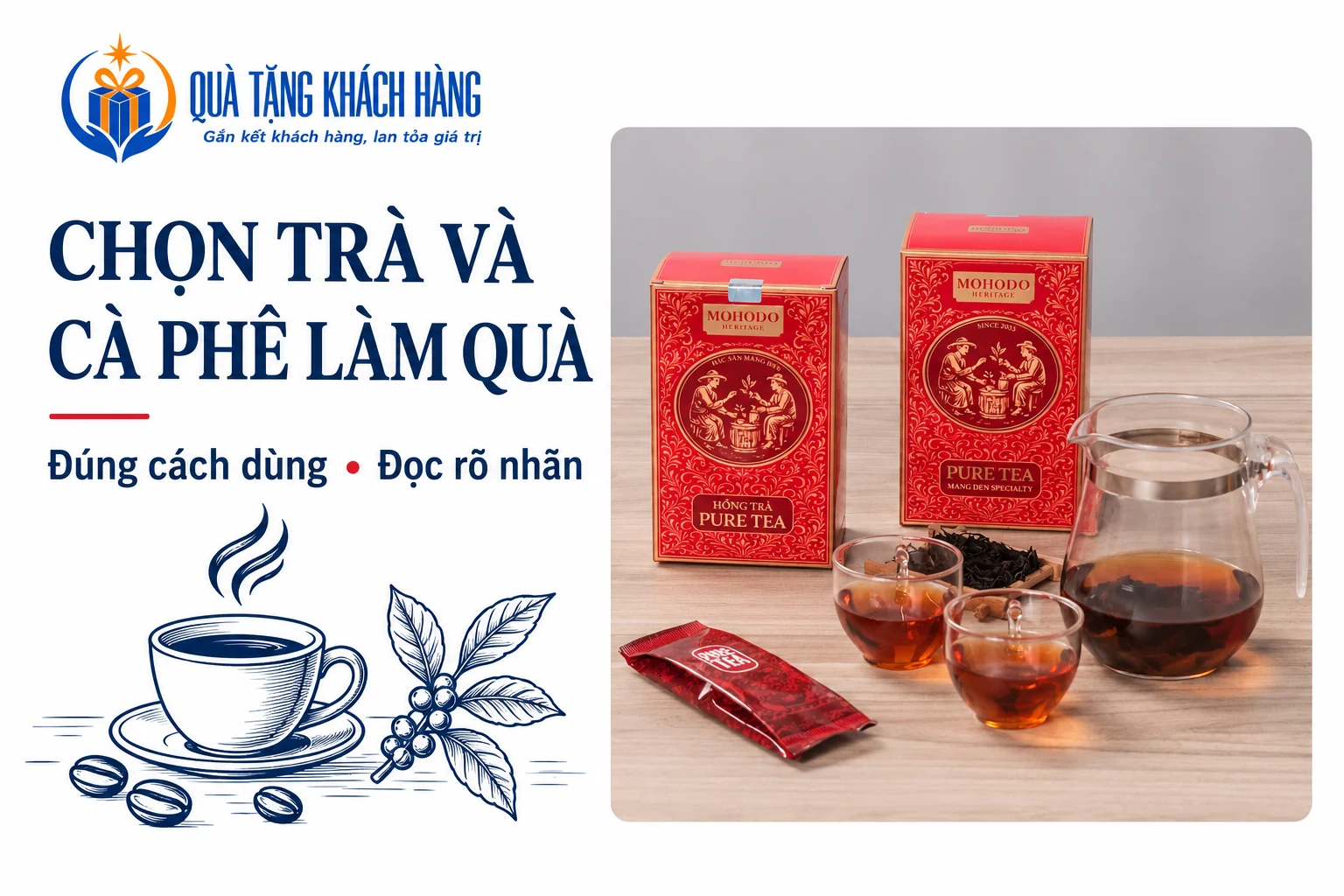 Banner chọn trà và cà phê làm quà, hộp trà đỏ thật và biểu tượng cà phê nét vẽ.