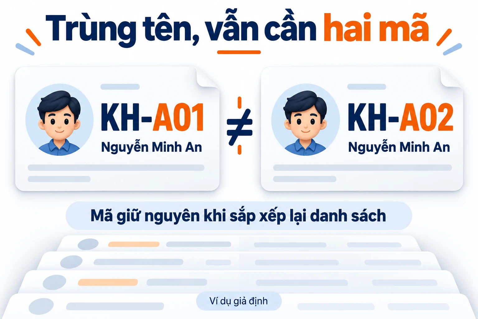 Hai thẻ giả định cùng tên Nguyễn Minh An nhưng mã KH-A01 và KH-A02 khác nhau.