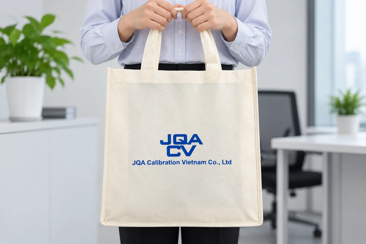 Cảnh xách túi sáng màu có logo JQA CV, dựng từ mặt trước mẫu thật.