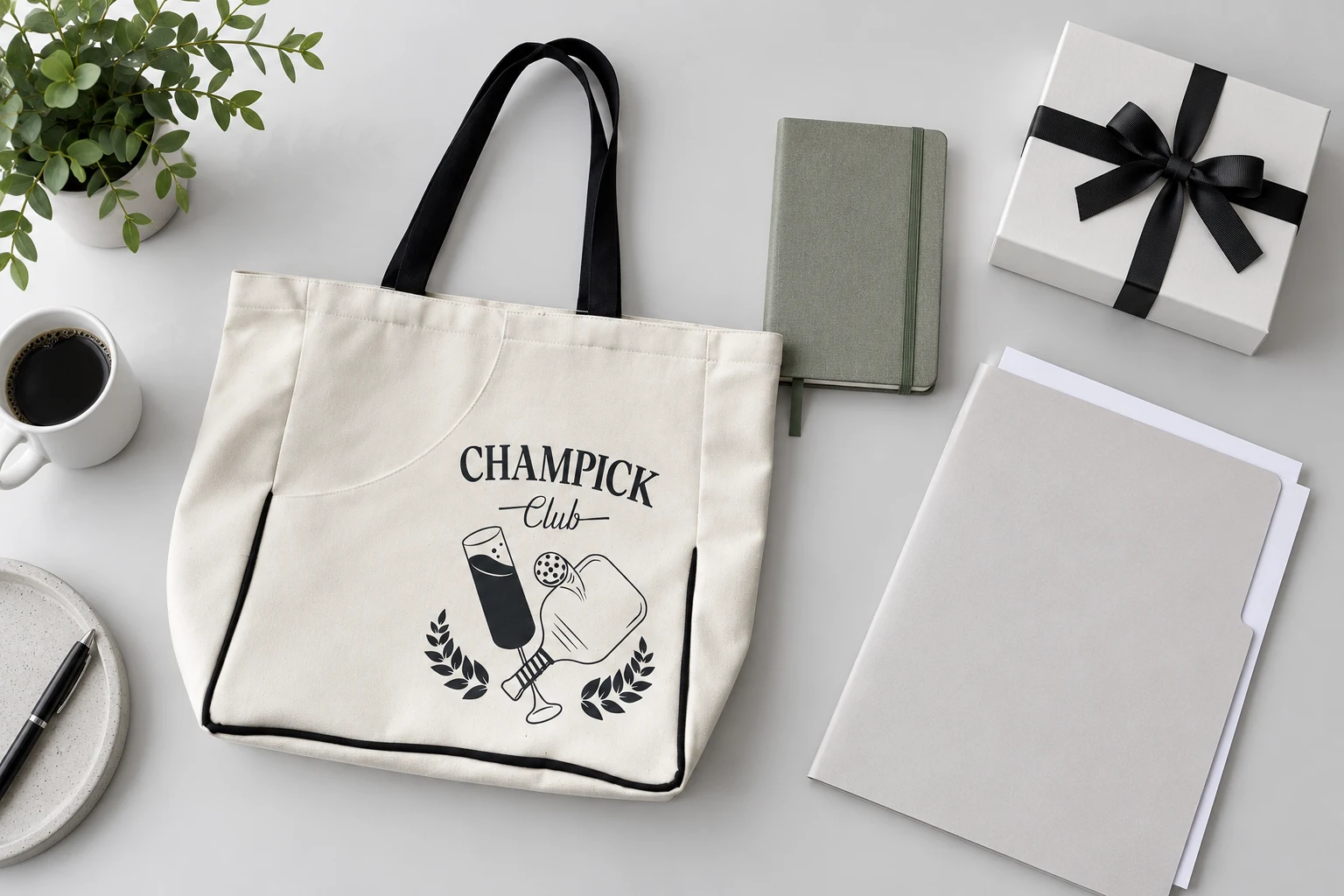 Túi trắng quai đen có logo Champick, bên cạnh sổ, tài liệu và hộp trong cảnh minh họa.