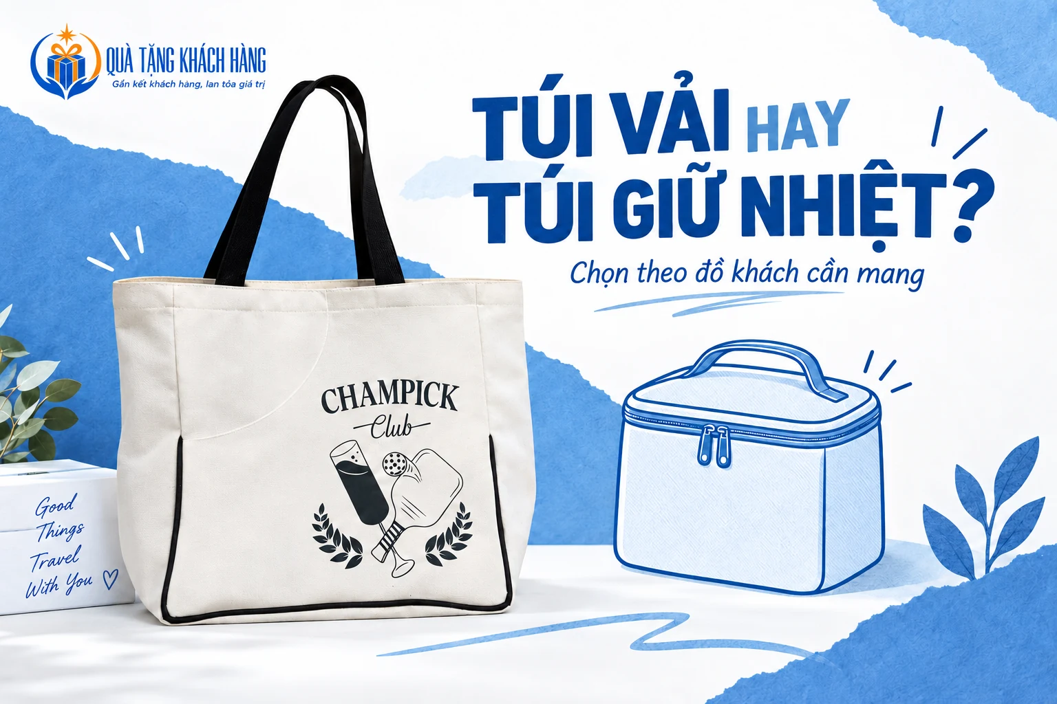 Banner Túi vải hay túi giữ nhiệt, túi thật quai đen bên cạnh hình vẽ túi giữ nhiệt xanh.