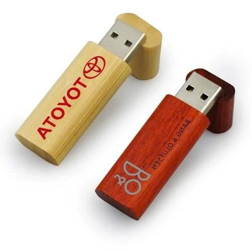 Hai USB vỏ gỗ có nắp và đầu cắm kim loại trong ảnh nguồn.