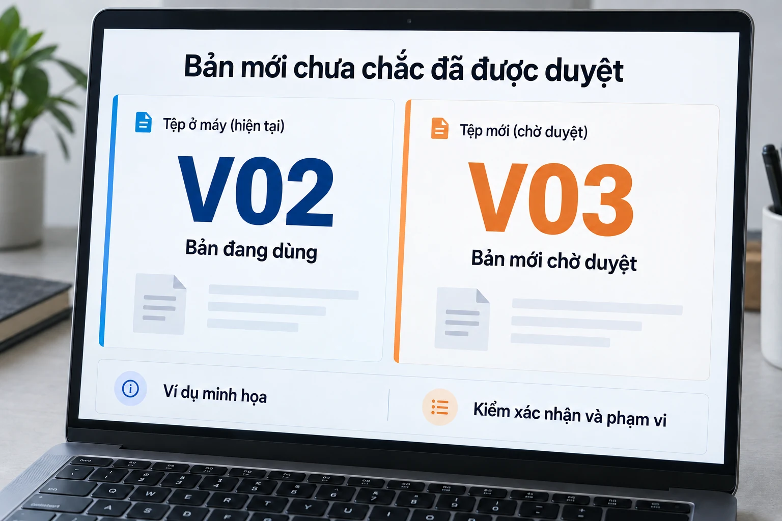 Màn hình minh họa V02 đang dùng và V03 còn chờ duyệt, phân biệt số phiên bản với trạng thái.