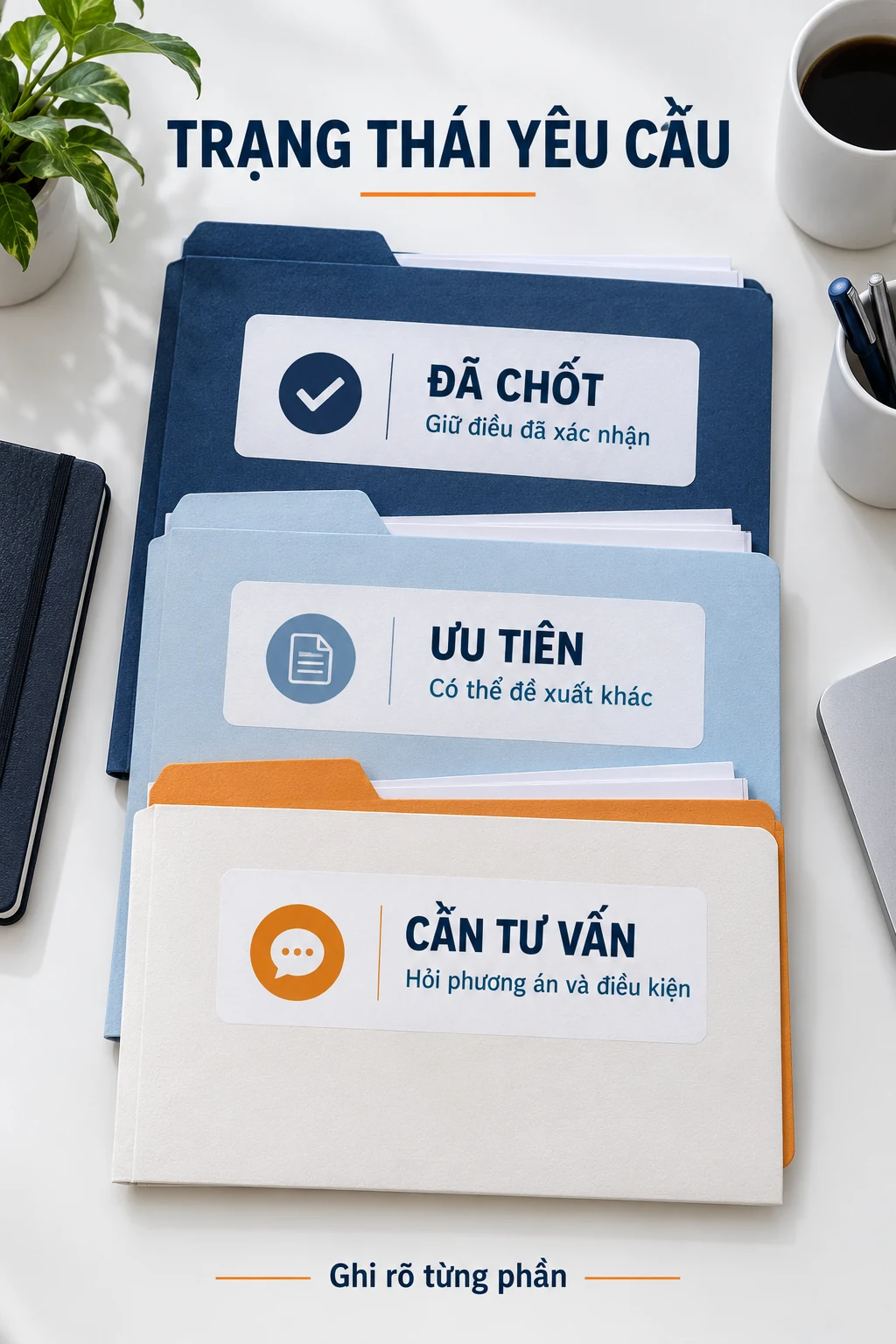 Ba trạng thái đã chốt, ưu tiên và cần tư vấn trên hồ sơ minh họa.