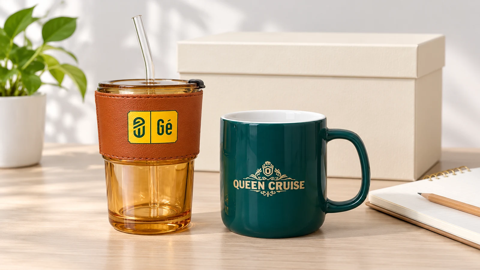 Ly thủy tinh màu hổ phách bọc nâu có logo Cé và cốc sứ xanh logo QUEEN CRUISE, cạnh hộp quà và sổ ghi chép.