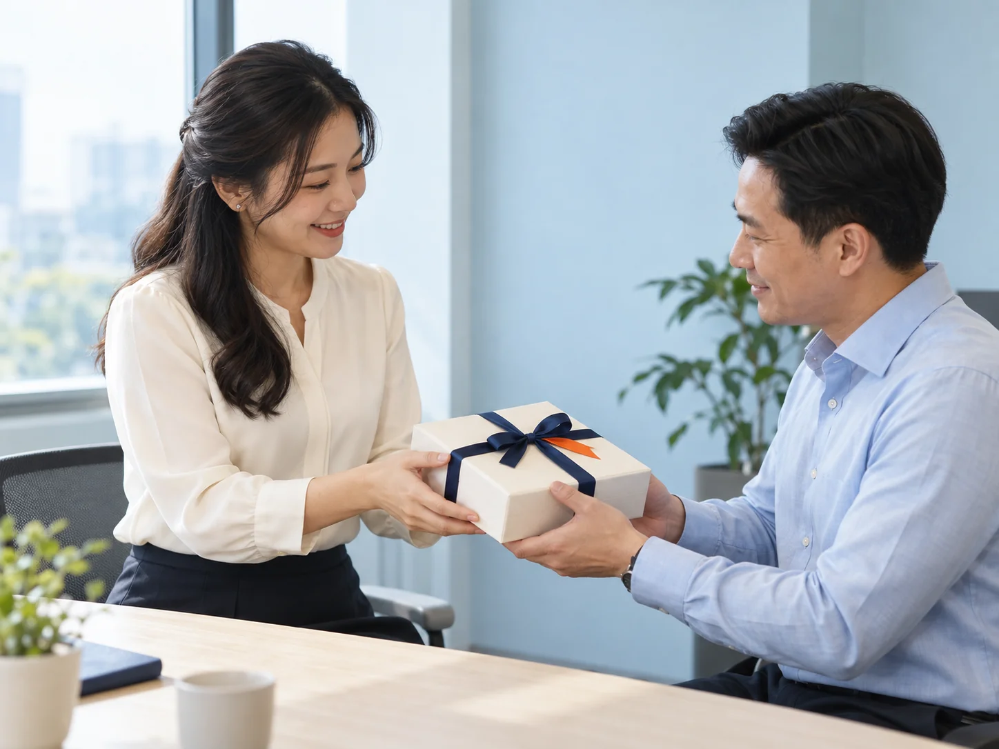 Hai người Việt trong cuộc gặp kinh doanh cùng nâng một hộp quà màu trắng.