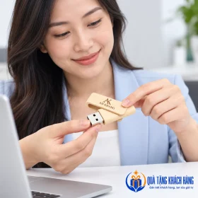 Minh họa dùng USB gỗ UGV 027 bên máy tính