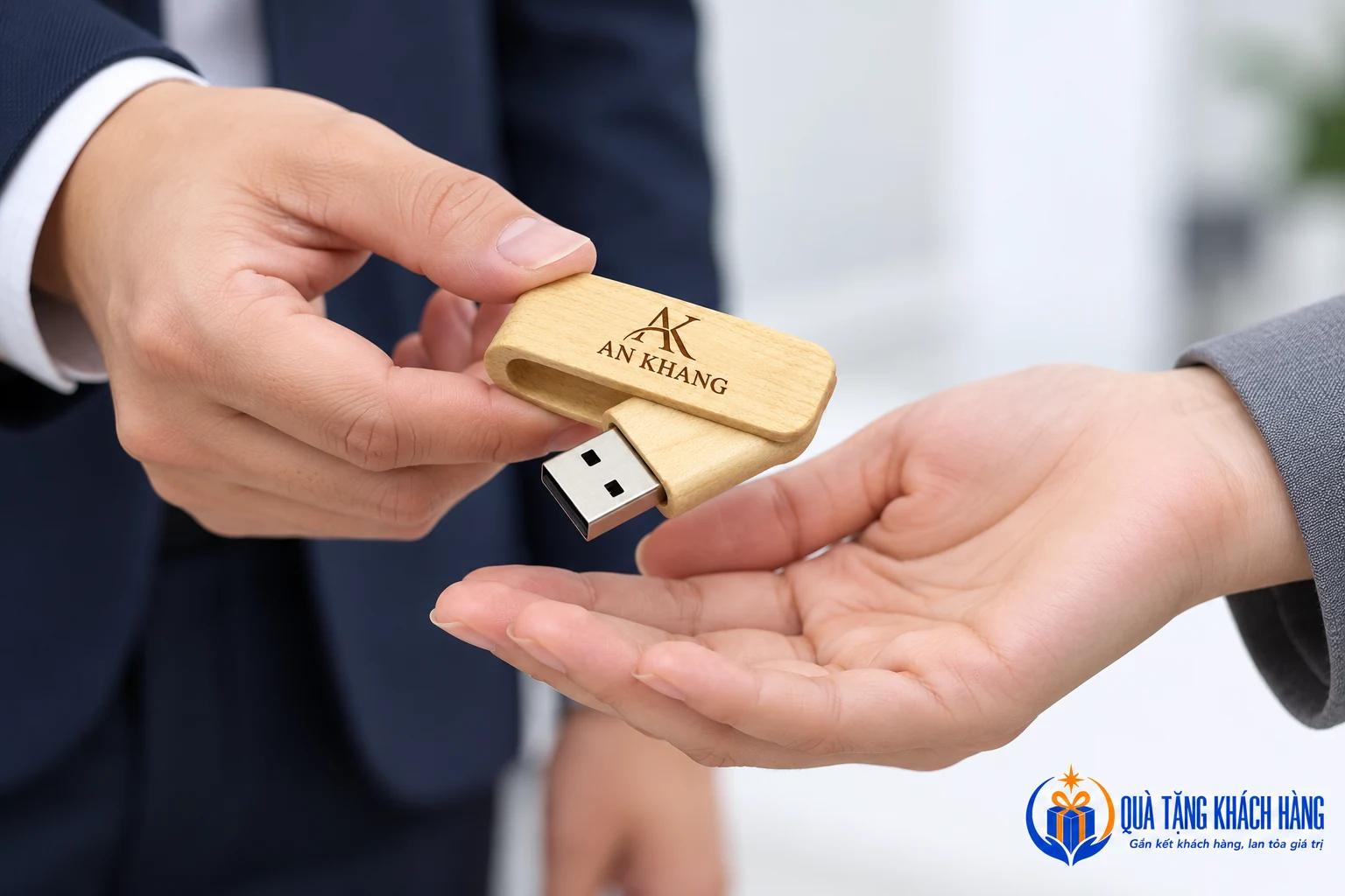 Minh họa trao USB gỗ UGV 027 cho người nhận