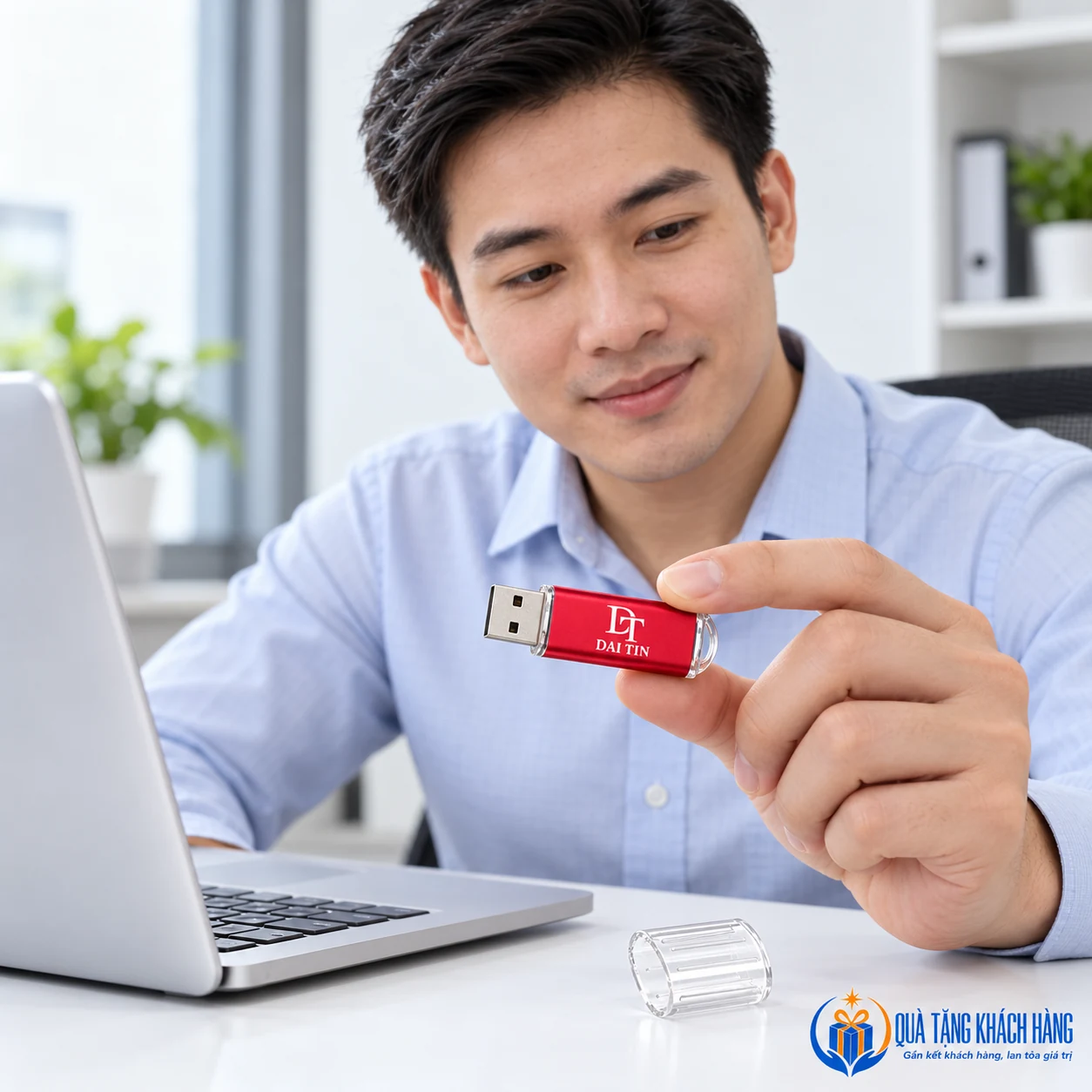 Minh họa cầm USB UKV 024 đỏ bên máy tính