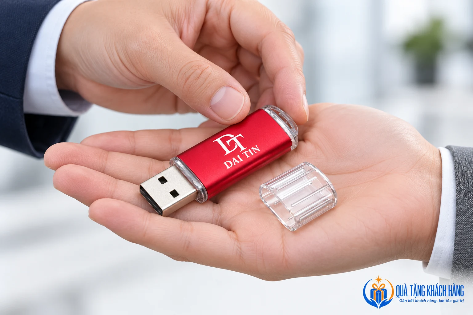 Minh họa trao USB UKV 024 đỏ cùng nắp trong