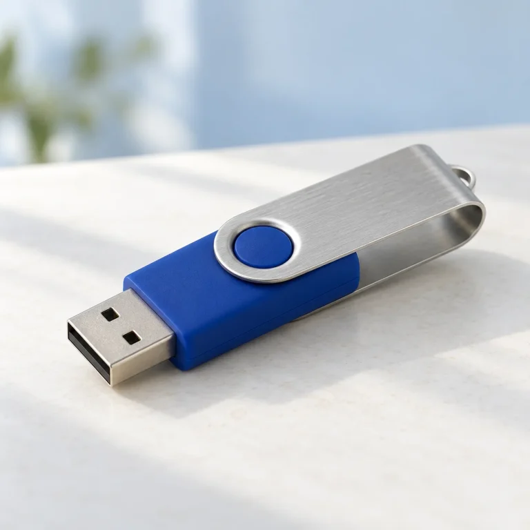 Ảnh ý tưởng USB thân xanh có vỏ xoay bạc trên bàn sáng